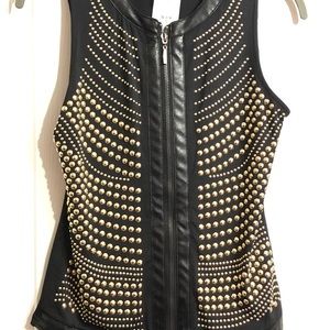 Carmin Gold Tone Beaded Zip Vest Faux Leather